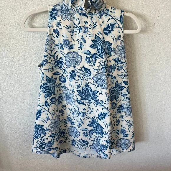 Tuckernuck Mason Blue Floral Chintz High Ruffle Neck Blouse with Tie Back - Picture 5 of 9